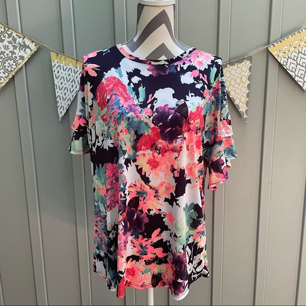 Heimish U.S.A. Colorful Floral Flutter Sleeve Top